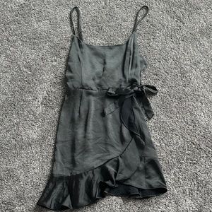 Black spaghetti strap silk wrap dress